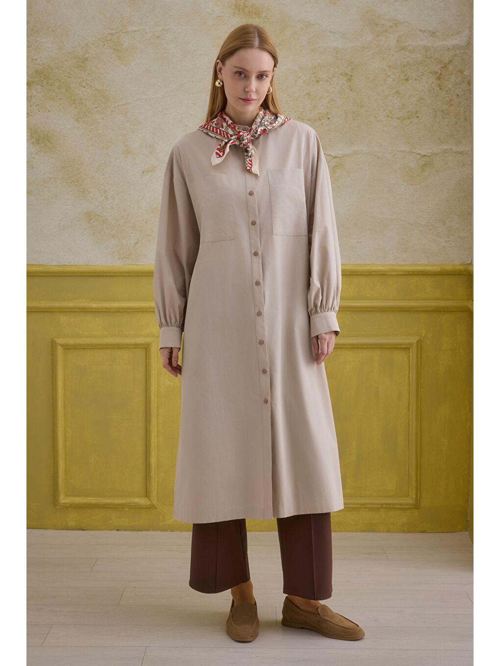 Bej Hakim Yaka Uzun Tunik Soft Kaşmir