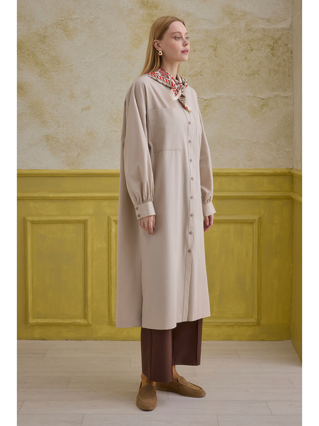 Bej Hakim Yaka Uzun Tunik Soft Kaşmir-1