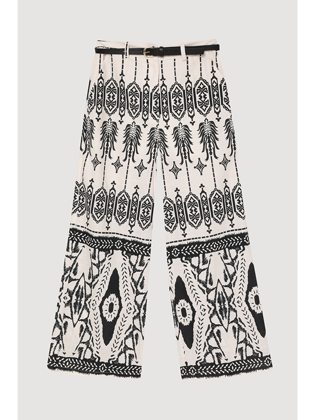 Etnik Desenli Kemer Aksesuarlı Bol Paça Pantolon Ekru