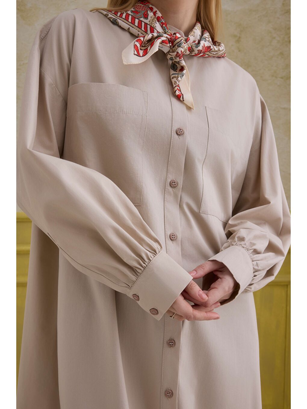 Bej Hakim Yaka Uzun Tunik Soft Kaşmir-3