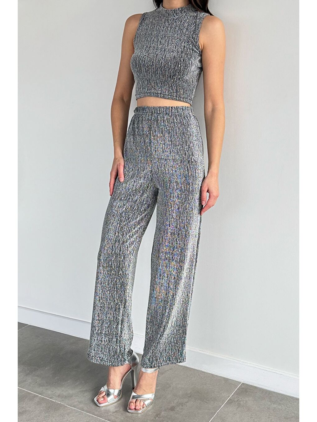 Gri Gece Işıltısı Sim Detaylı Bluz Pantolon İkili Takım-1