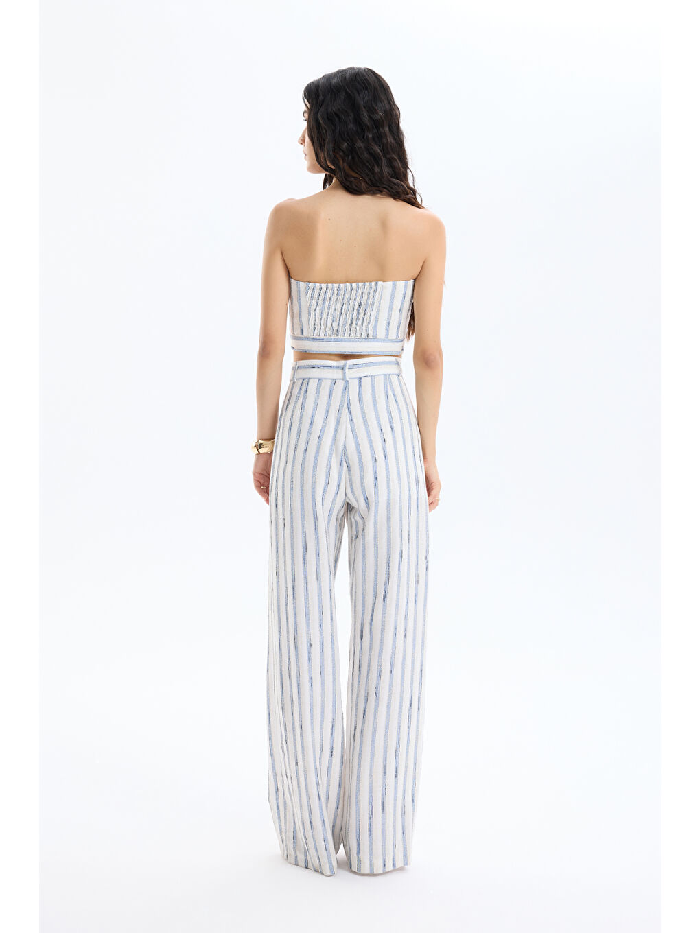 Çizgili Bağlamalı Straplez Keten Bluz Mavi-4