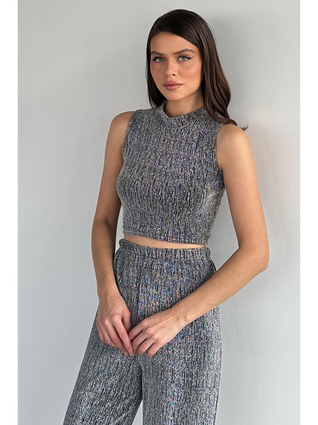 Gri Gece Işıltısı Sim Detaylı Bluz Pantolon İkili Takım-2