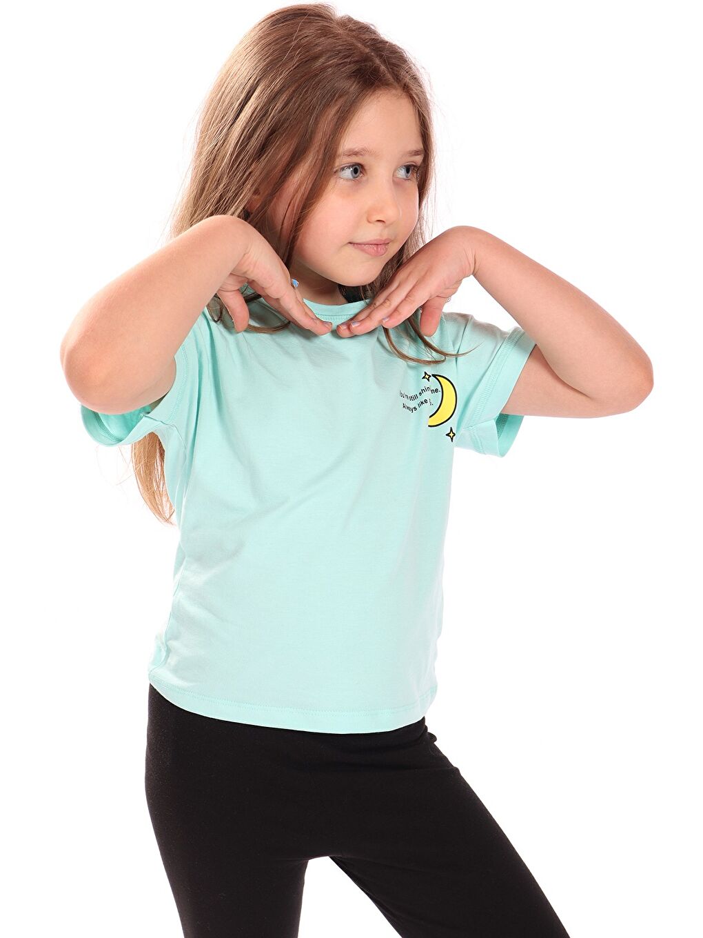 Yeşil Kız Çocuk Ay Yıldız Baskılı Tişört