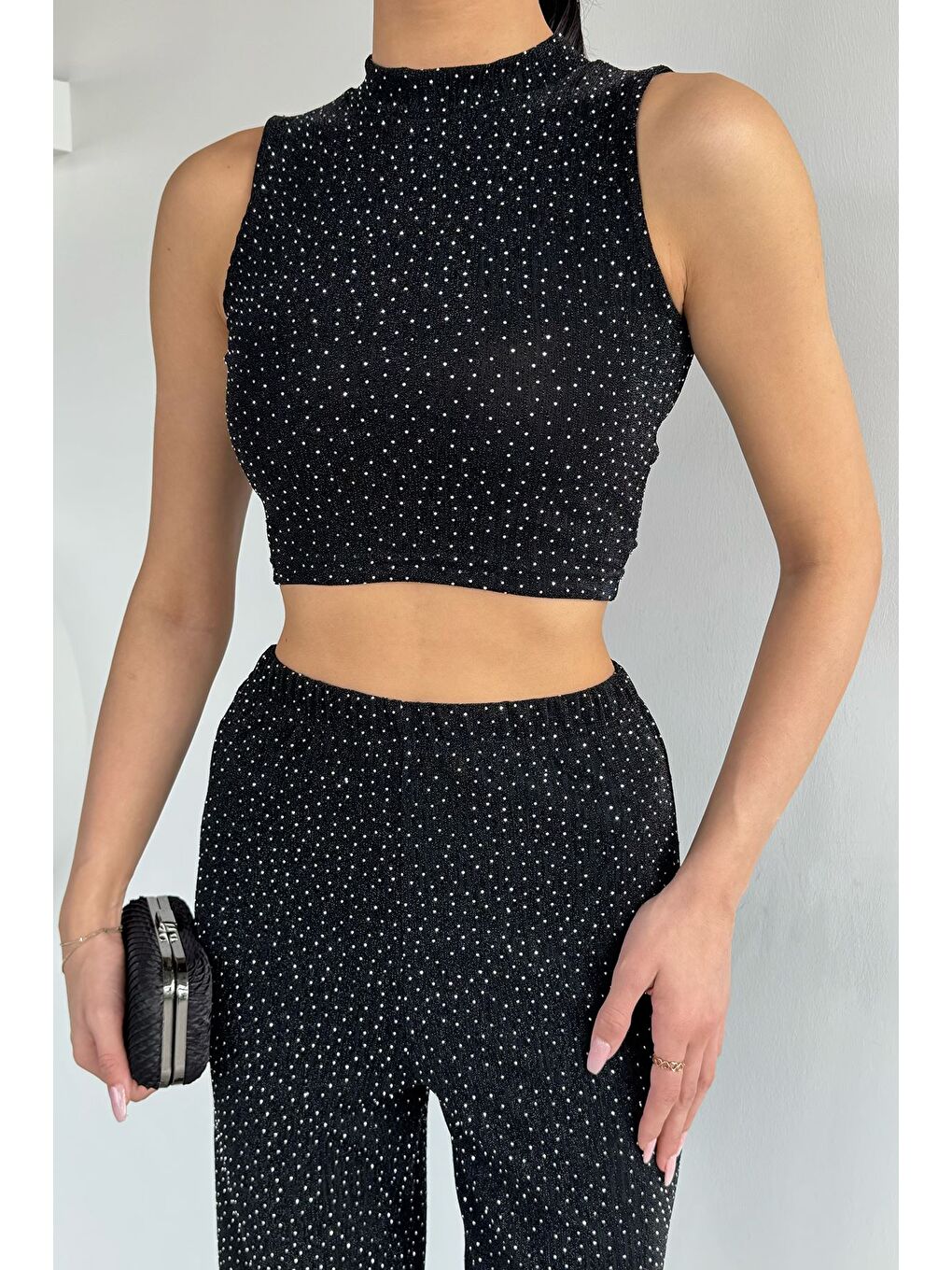 Siyah Gece Işıltısı Sim Detaylı Bluz Pantolon İkili Takım-1