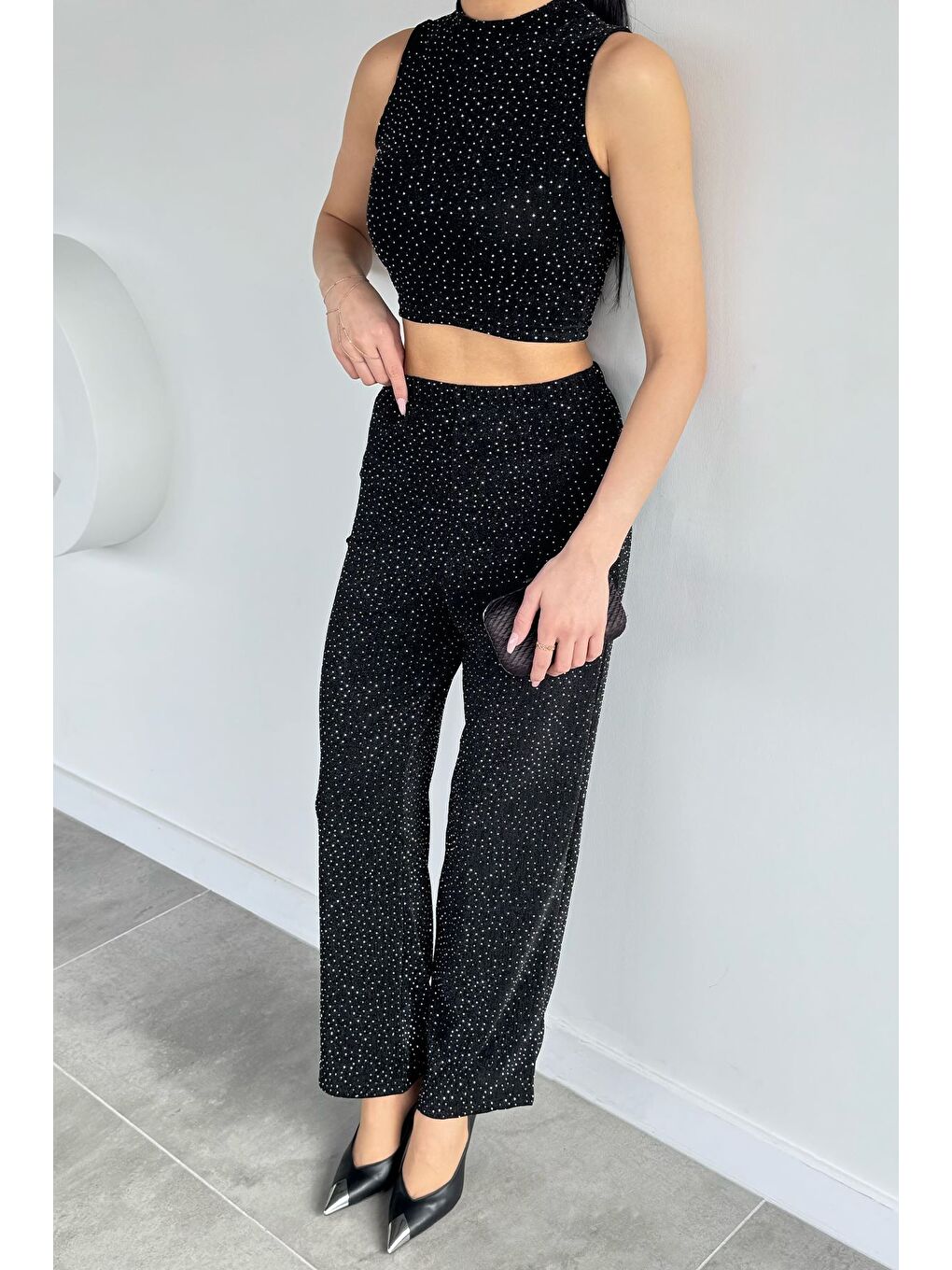 Siyah Gece Işıltısı Sim Detaylı Bluz Pantolon İkili Takım-2