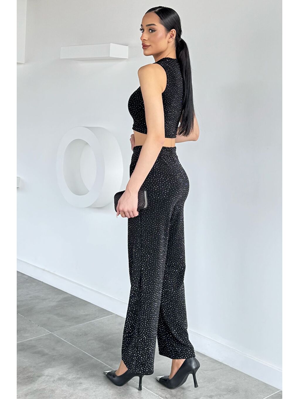 Siyah Gece Işıltısı Sim Detaylı Bluz Pantolon İkili Takım-3