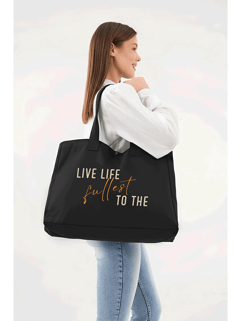 Siyah 3 Çıtlı Live Life Baskılı Büyük Boy Kanvas Çanta