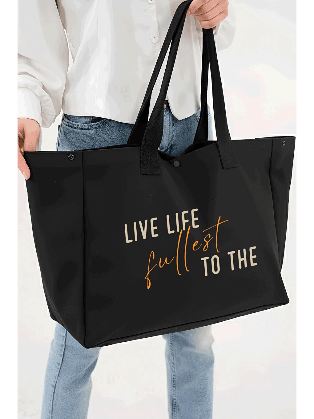 Siyah 3 Çıtlı Live Life Baskılı Büyük Boy Kanvas Çanta-1