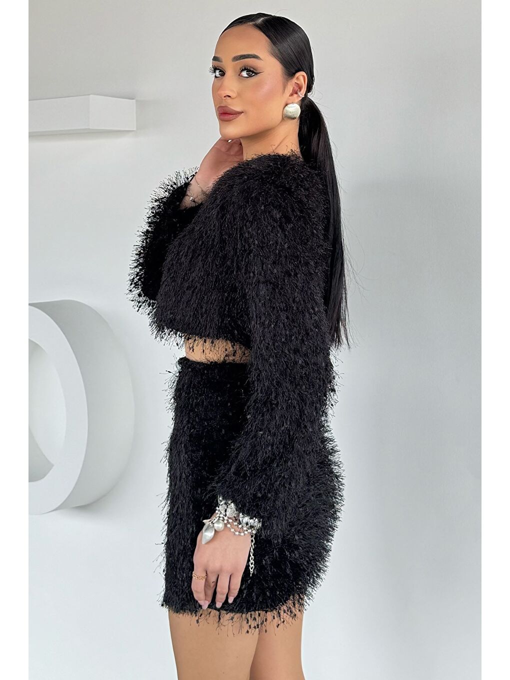 Siyah Püsküllü Crop Top Bluz Etek İkili Takım-3