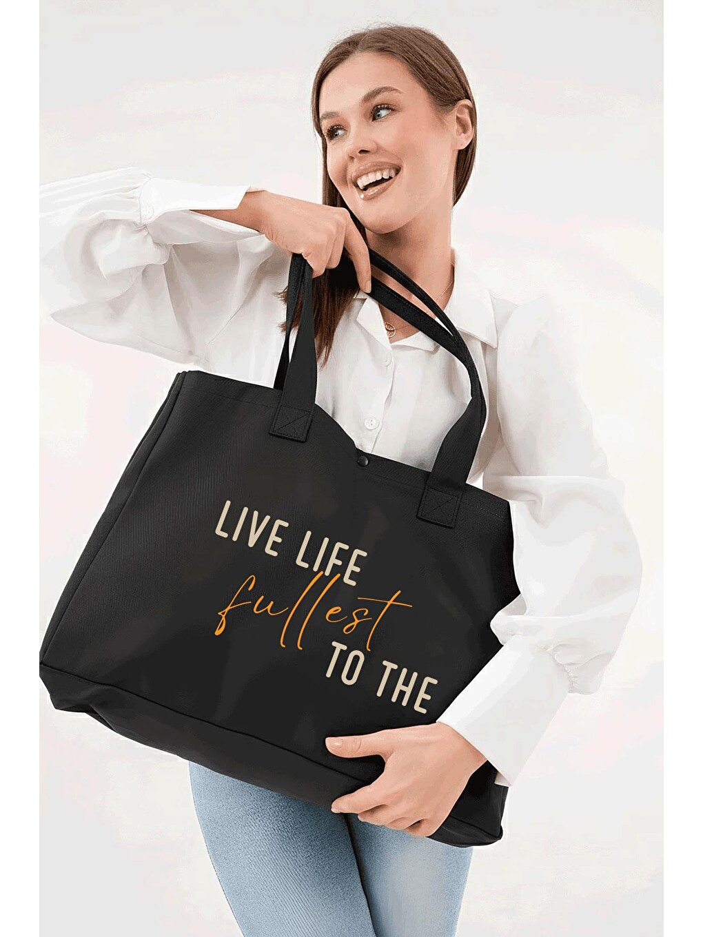 Siyah 3 Çıtlı Live Life Baskılı Büyük Boy Kanvas Çanta-2