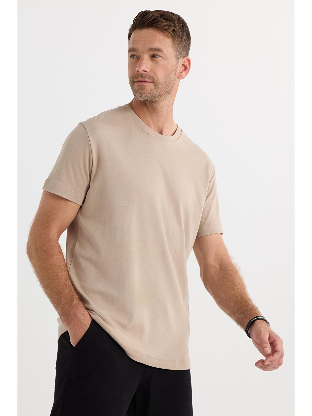 Unisex Relax Fit Rahat Kesim %100 Pamuk Yumuşak Dokulu Hafif Kalın Bej Bisiklet Yaka Tişört