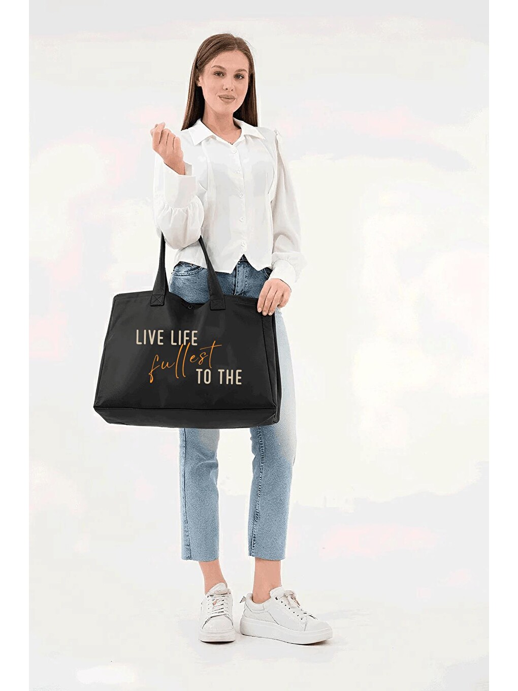 Siyah 3 Çıtlı Live Life Baskılı Büyük Boy Kanvas Çanta-3