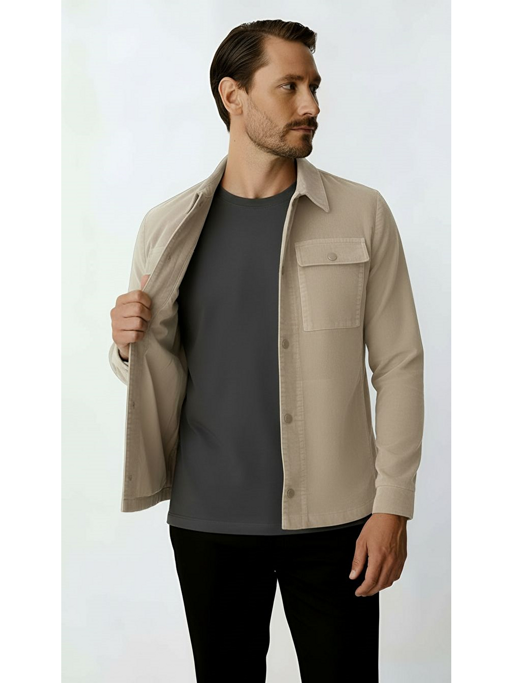 Ekru Kadife Erkek Mont – Modern Hafif Mevsimlik Mont-1