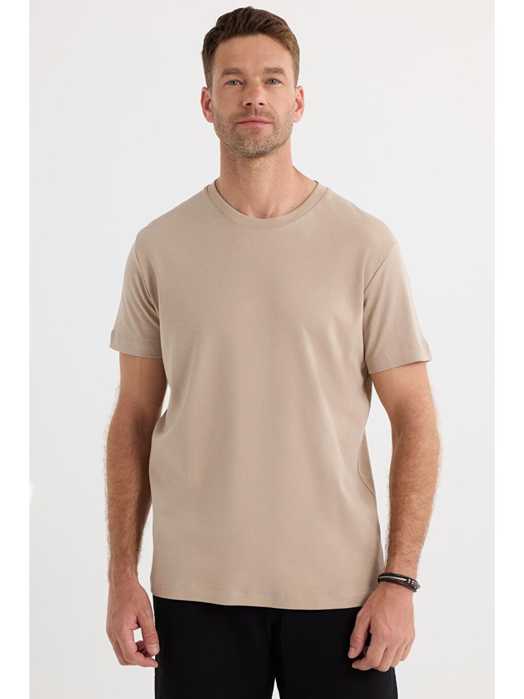 Unisex Relax Fit Rahat Kesim %100 Pamuk Yumuşak Dokulu Hafif Kalın Bej Bisiklet Yaka Tişört-3