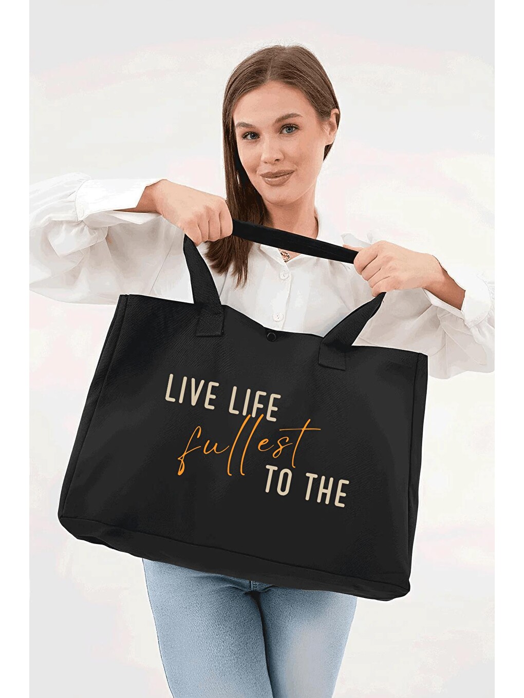 Siyah 3 Çıtlı Live Life Baskılı Büyük Boy Kanvas Çanta-4