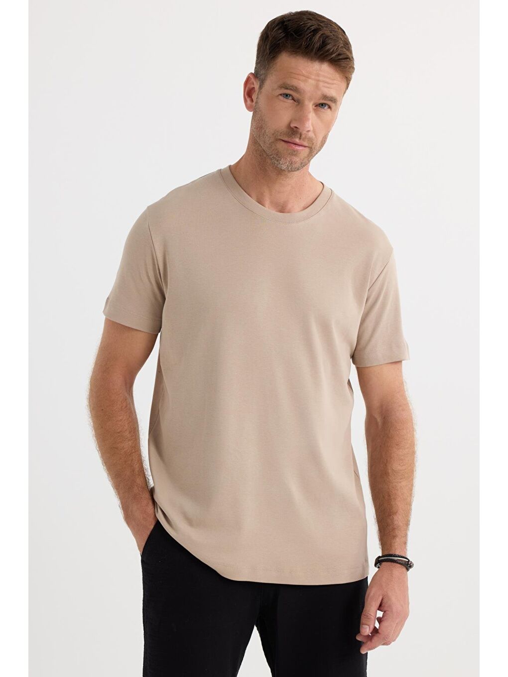 Unisex Relax Fit Rahat Kesim %100 Pamuk Yumuşak Dokulu Hafif Kalın Bej Bisiklet Yaka Tişört-4