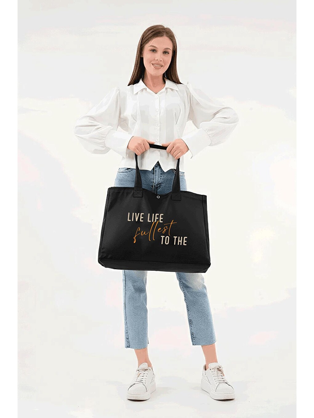 Siyah 3 Çıtlı Live Life Baskılı Büyük Boy Kanvas Çanta-5
