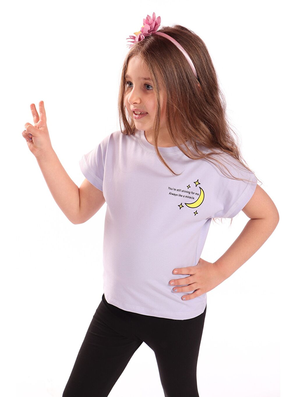 Lila Kız Çocuk Ay Yıldız Baskılı Tişört