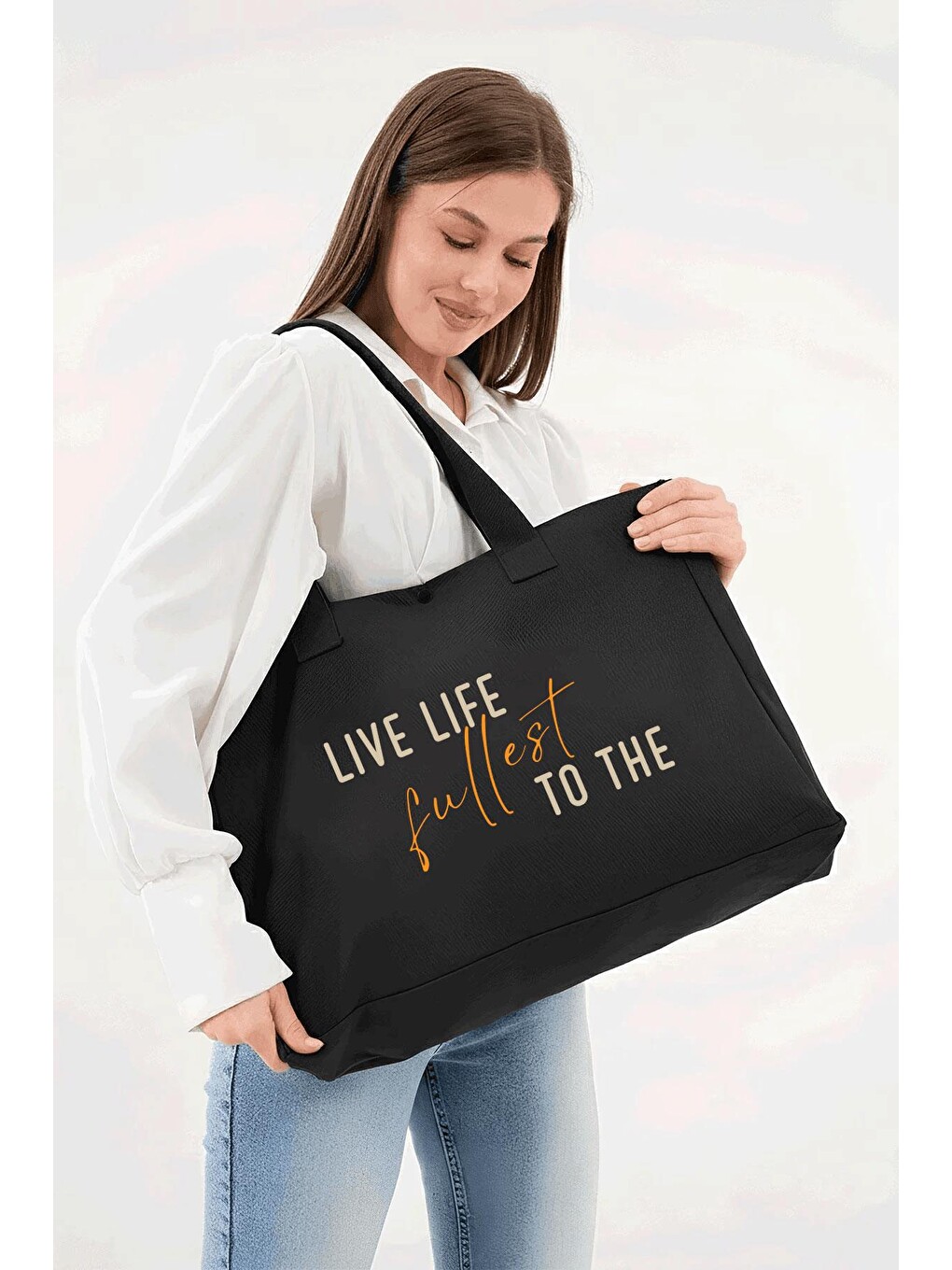 Siyah 3 Çıtlı Live Life Baskılı Büyük Boy Kanvas Çanta-6
