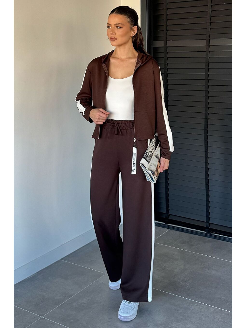 Kahverengi Kadın Kapüşonlu Fermuarlı Sweat Pantolon İkili Takım-1