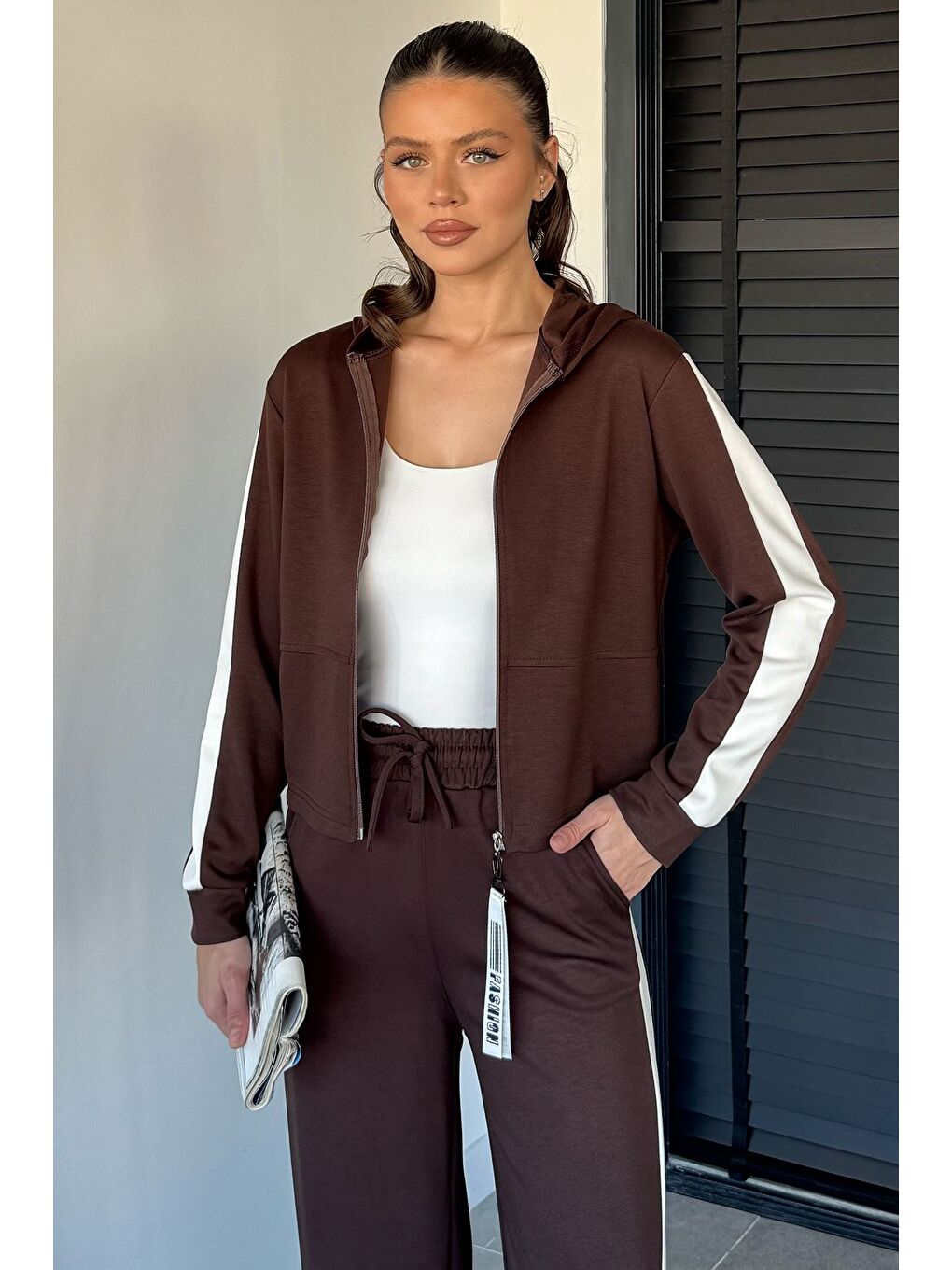 Kahverengi Kadın Kapüşonlu Fermuarlı Sweat Pantolon İkili Takım-2