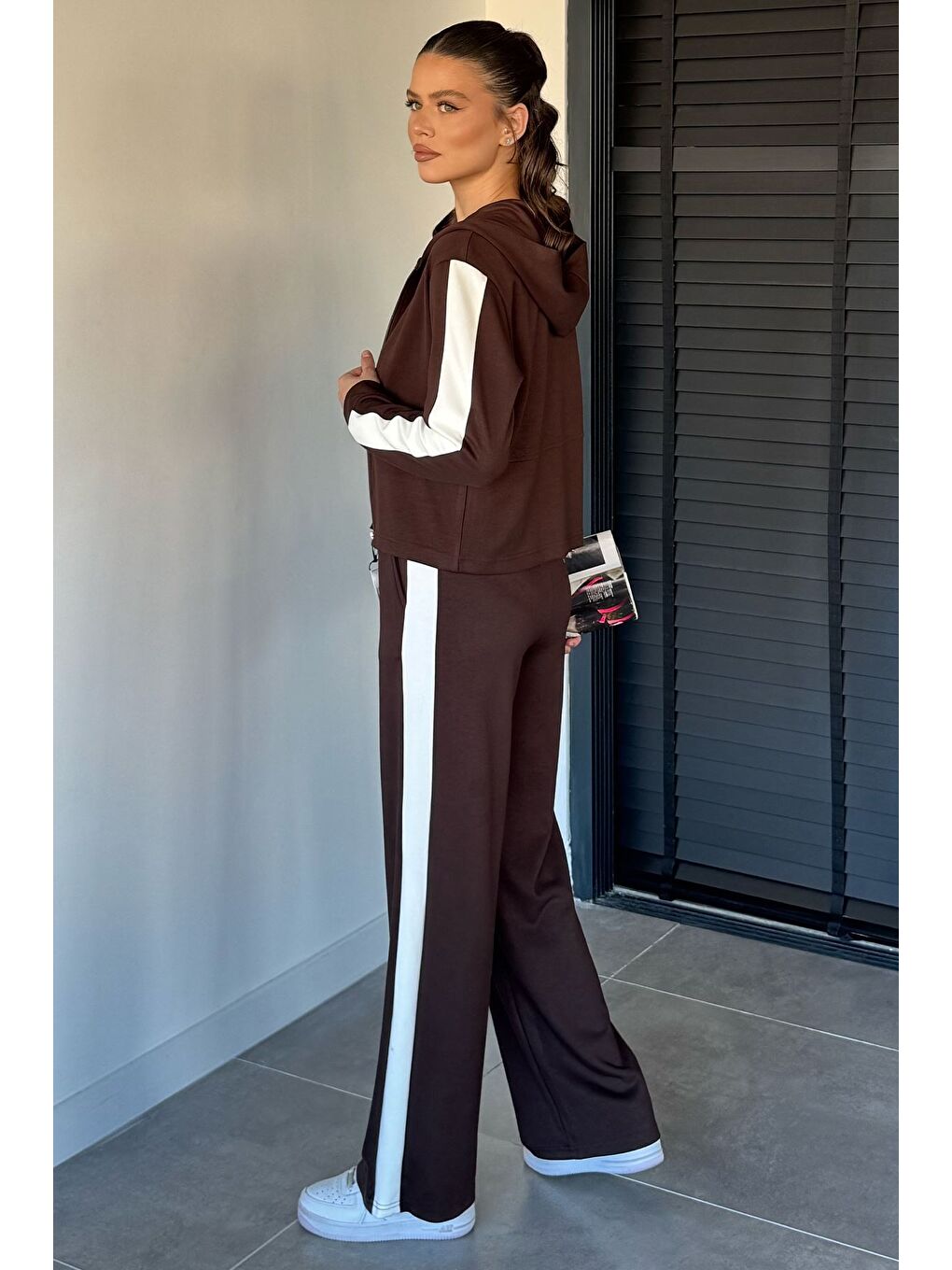 Kahverengi Kadın Kapüşonlu Fermuarlı Sweat Pantolon İkili Takım-3