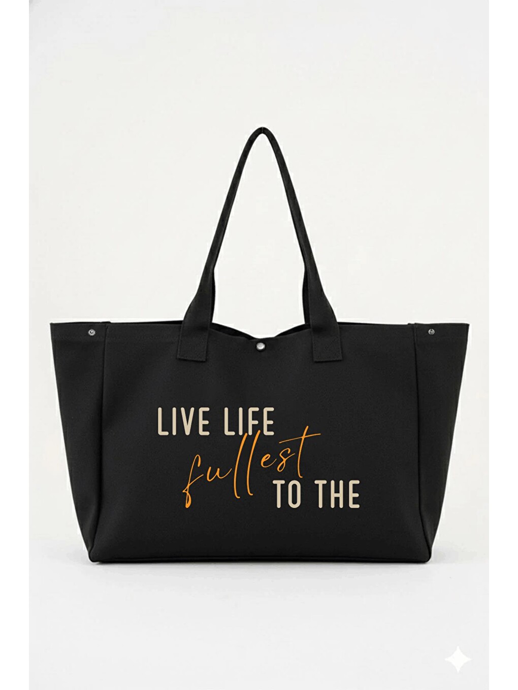 Siyah 3 Çıtlı Live Life Baskılı Büyük Boy Kanvas Çanta-8