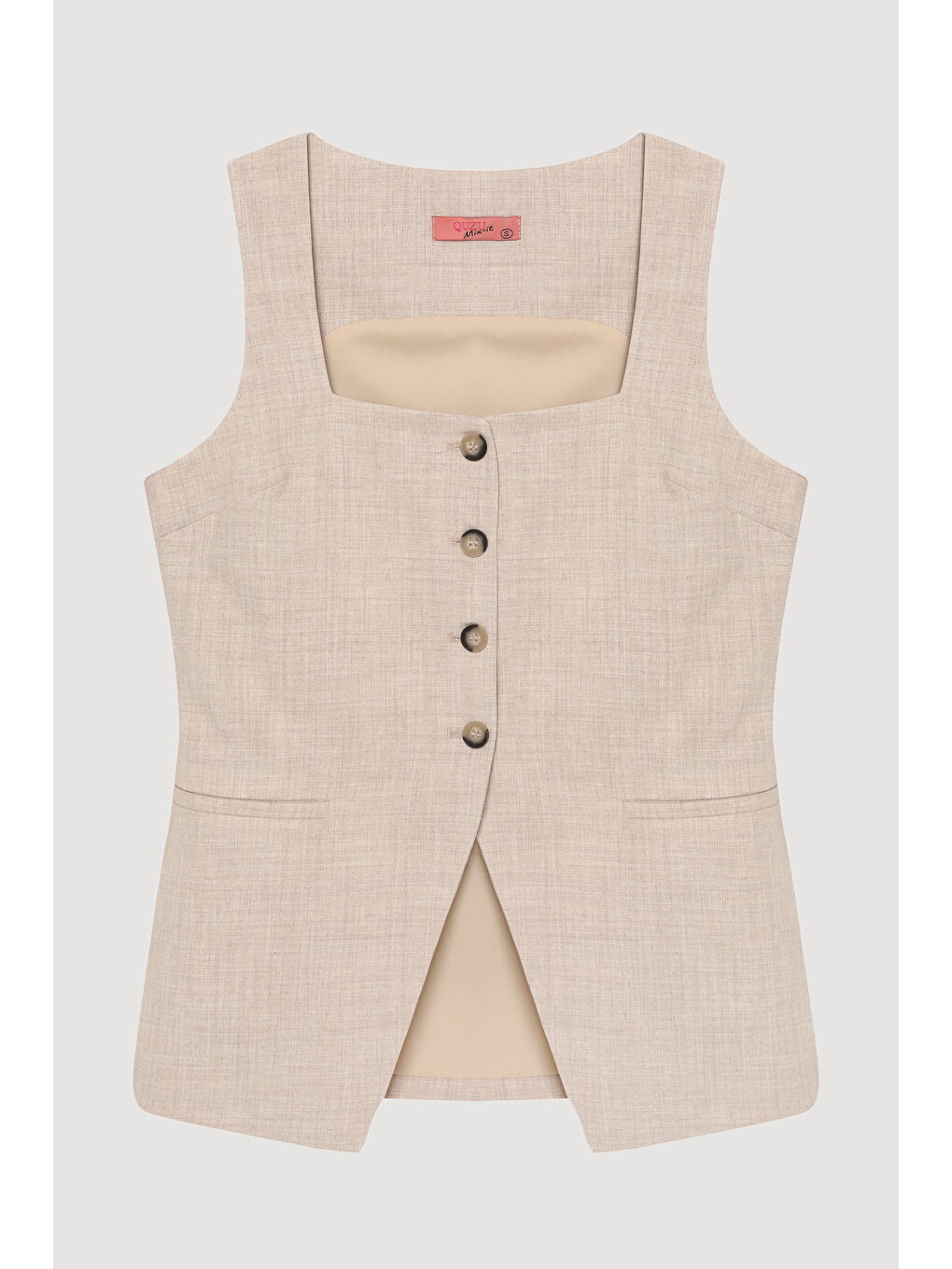 Bej Kare Yaka Düğmeli Yelek Bluz Naturel-1