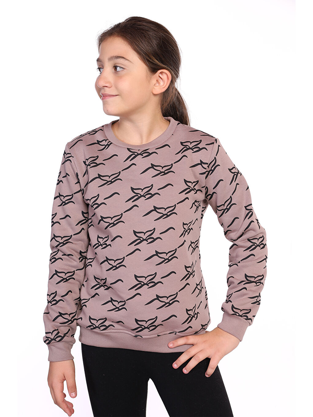Kahverengi Kız Çocuk Komple Balık Kuyruğu Baskılı Sweatshirt-2