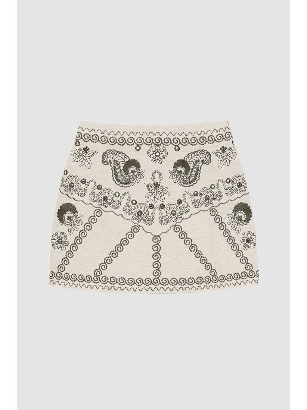 Bej Nakışlı Pul Aksesuarlı Mini Etek Naturel-1