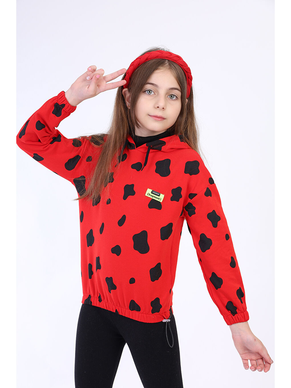 Kırmızı Kız Çocuk Komple İnek Baskılı Sweatshirt-1