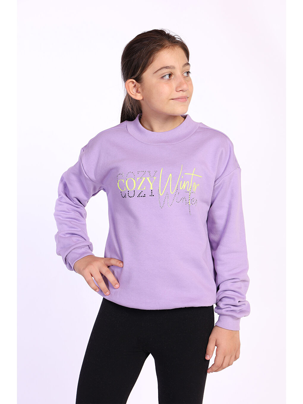 Lila Kız Çocuk Balıkçı Yaka İçi Pamuklu Sweatshirt-2