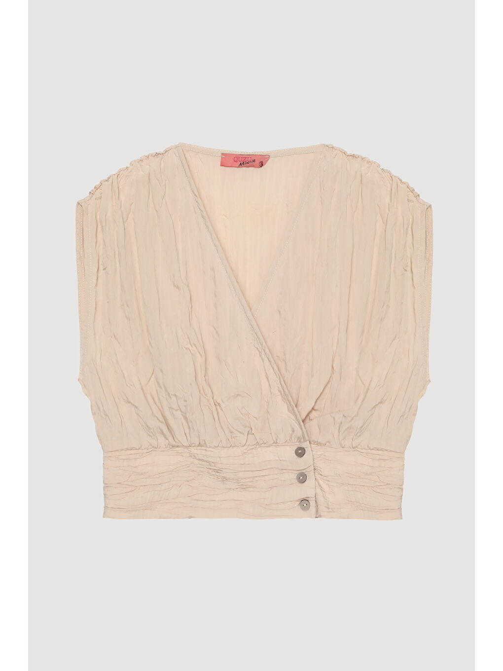 Kırışık Görünümlü Kolsuz Düğmeli Bluz Bej-1