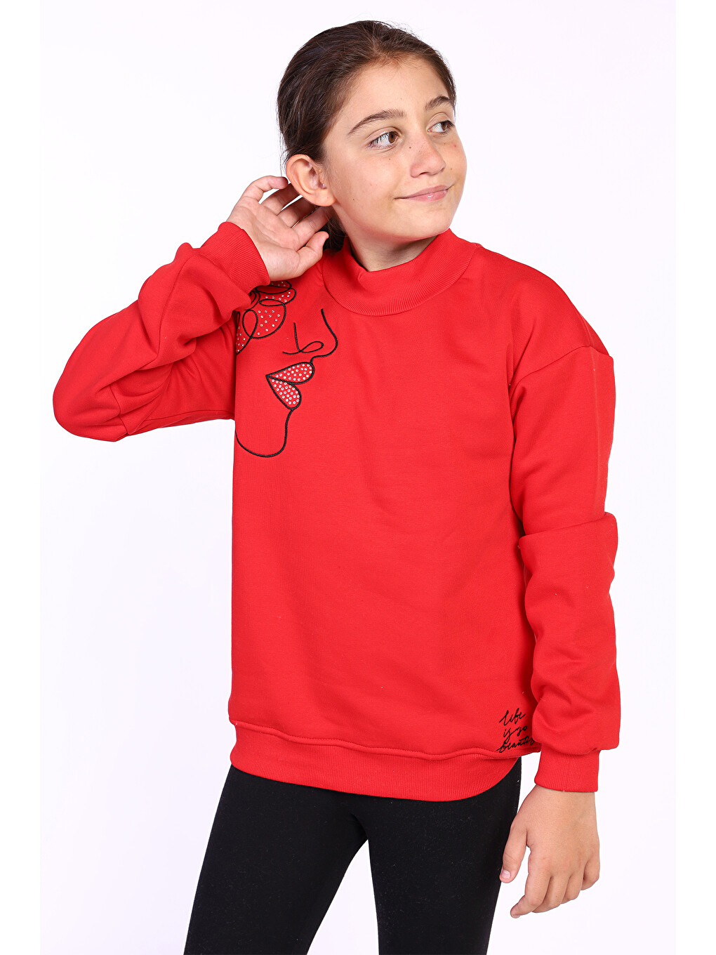 Kırmızı Kız Çocuk Nakışlı Taş İşlemeli Balıkçı Yaka Sweatshirt