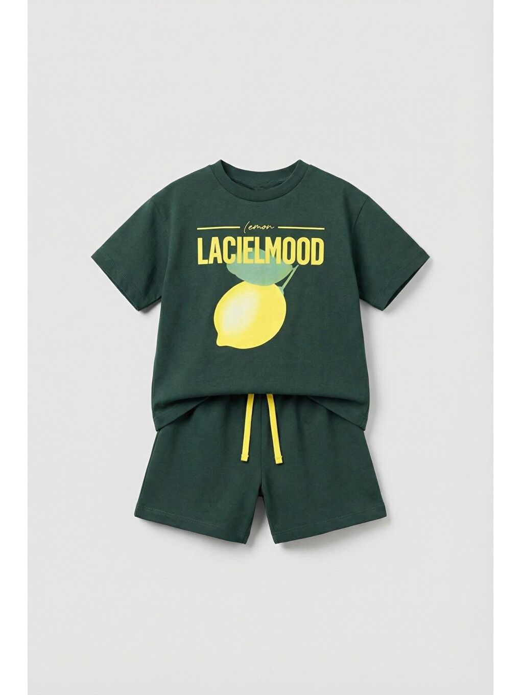 Çocuk Pamuklu Koyu Yeşil Limon Baskılı T-Shirt Şort Takım - Yazlık Spor Kombin