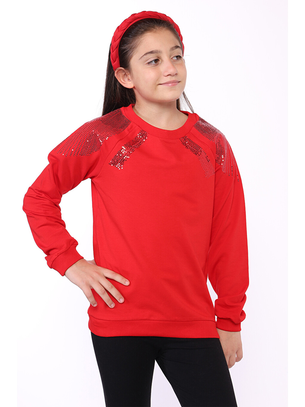 Kırmızı Kız Çocuk Pullu Nakışlı Sweatshirt