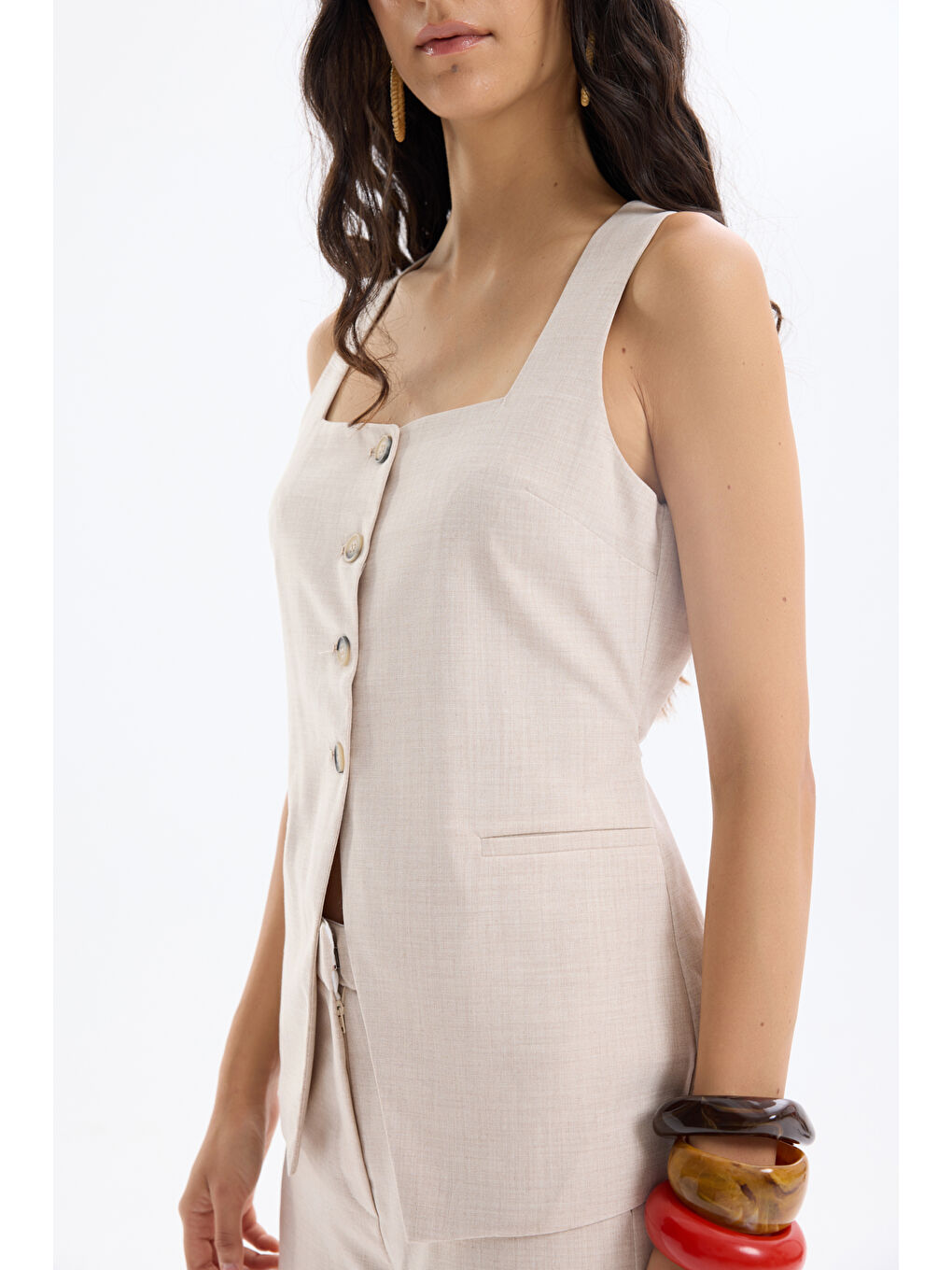 Bej Kare Yaka Düğmeli Yelek Bluz Naturel-3