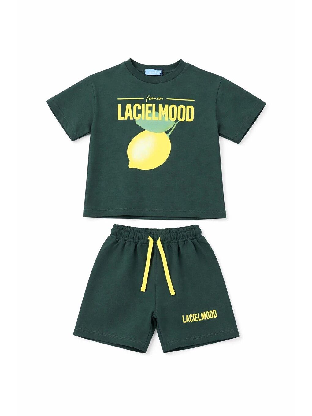 Çocuk Pamuklu Koyu Yeşil Limon Baskılı T-Shirt Şort Takım - Yazlık Spor Kombin-1