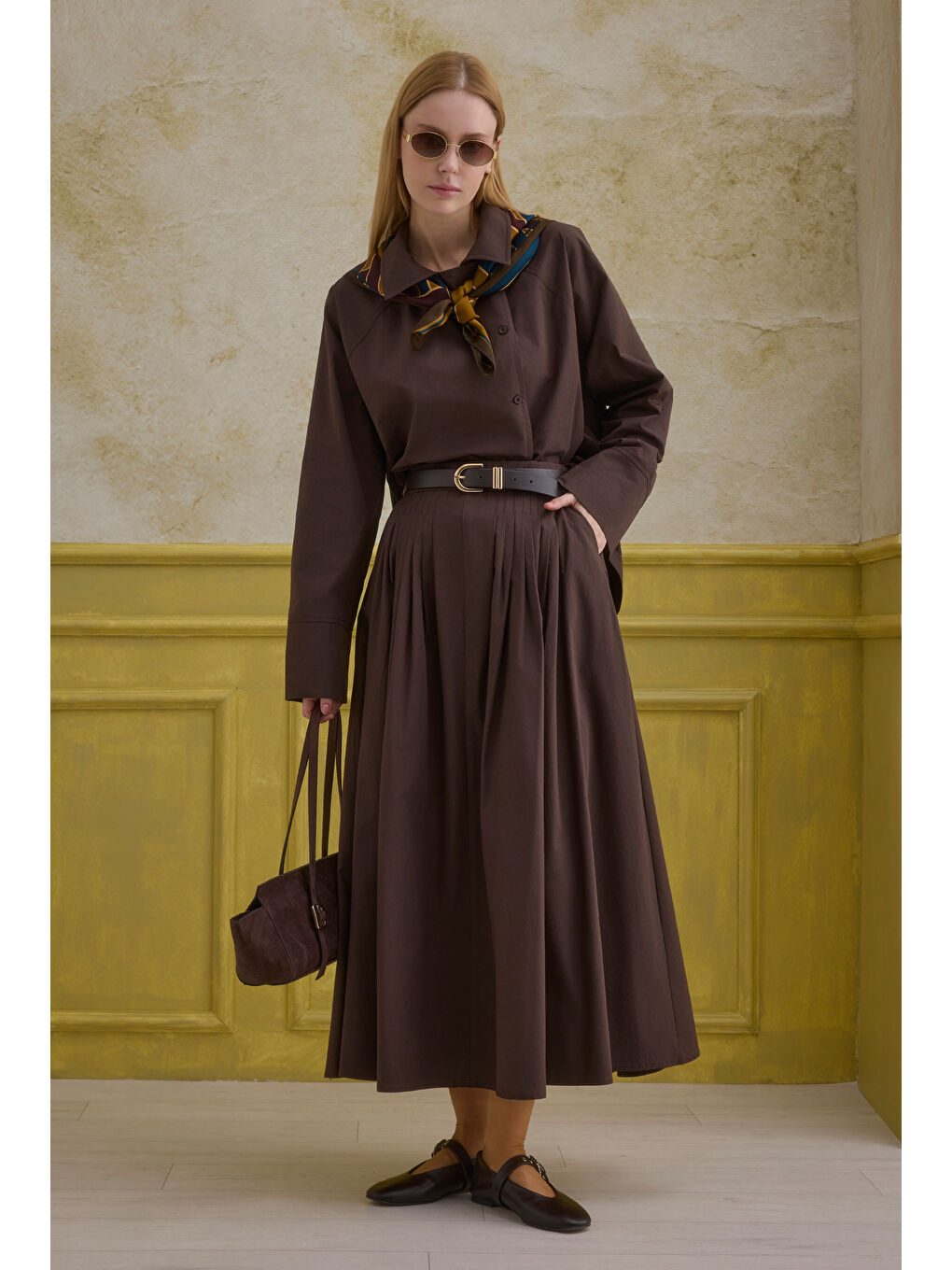 Kahverengi %100 Pamuk Kruvaze Gömlek Kahve-2