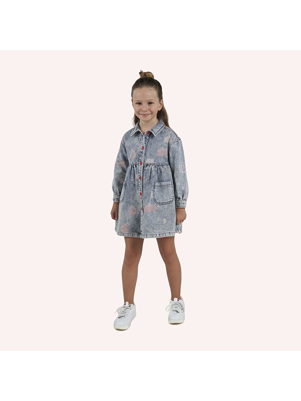 Panço Mavi Kız Çocuk Desenli Denim Elbise