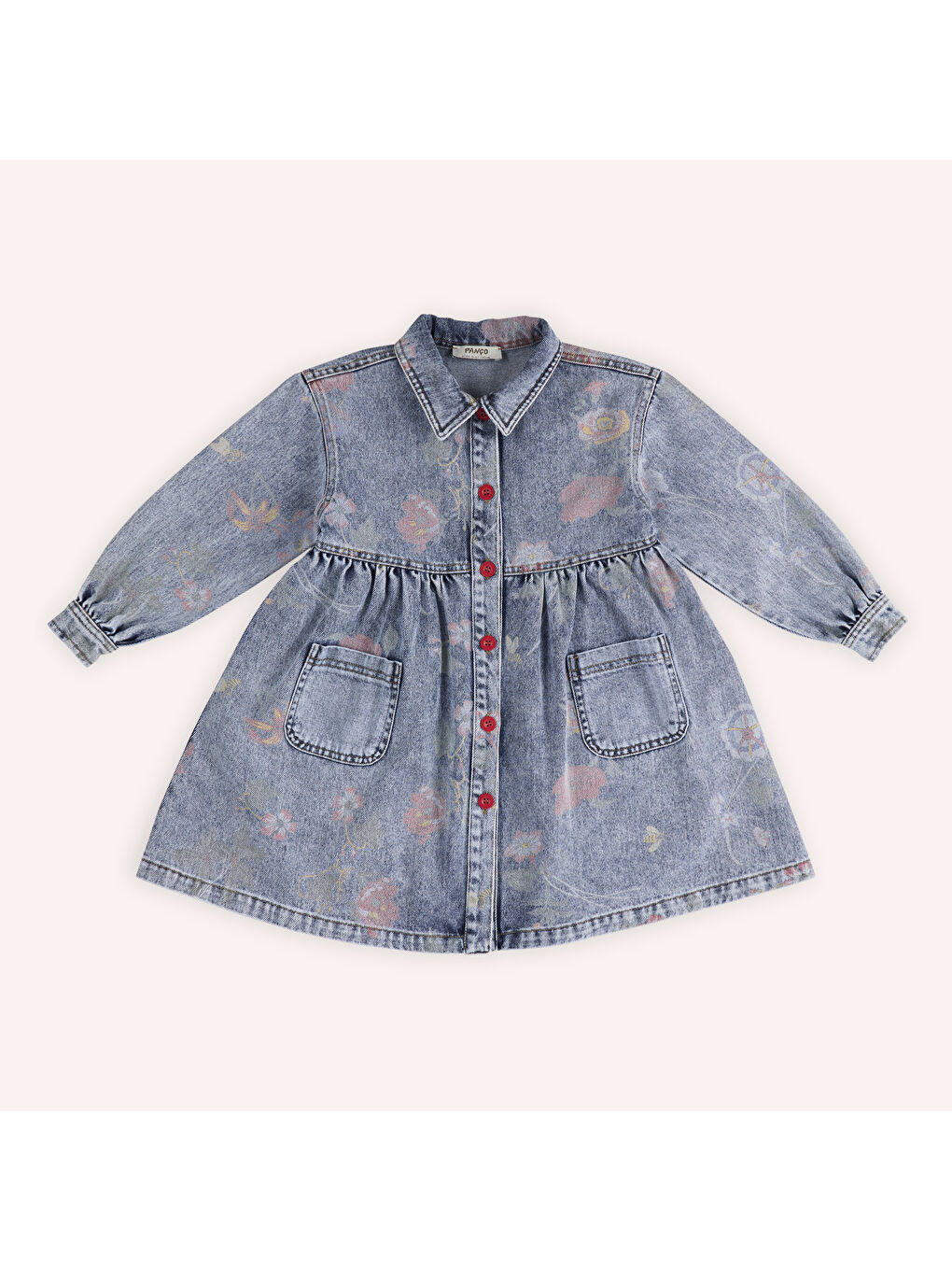 Panço Mavi Kız Çocuk Desenli Denim Elbise - 1