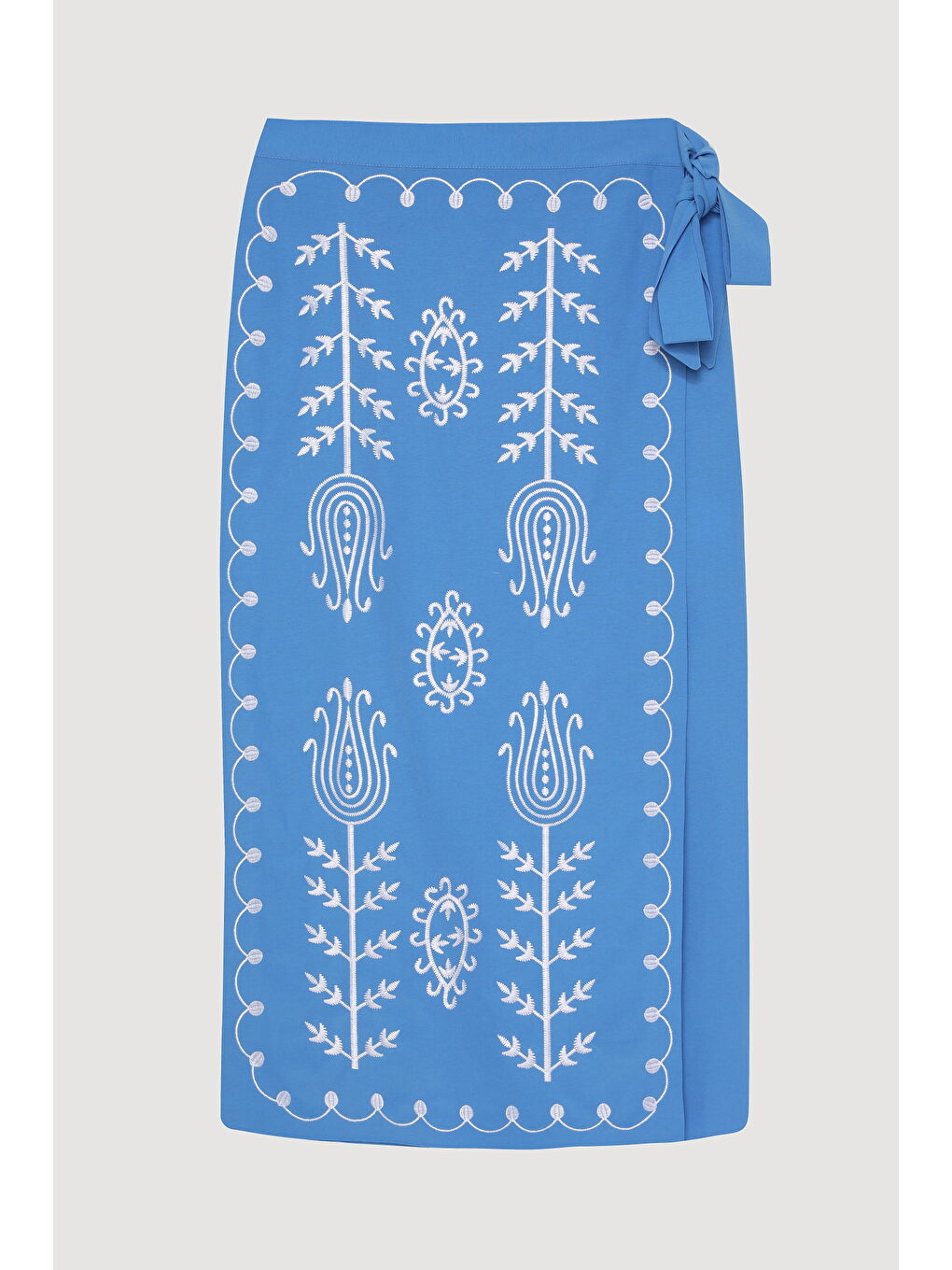 Lale Nakışlı Bağlamalı Midi Boy Etek Mavi-1