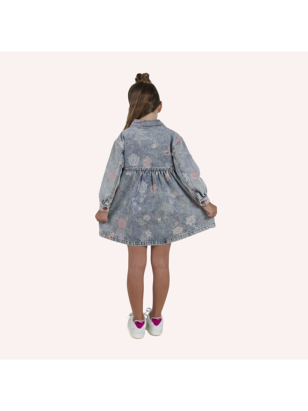 Panço Mavi Kız Çocuk Desenli Denim Elbise - 5