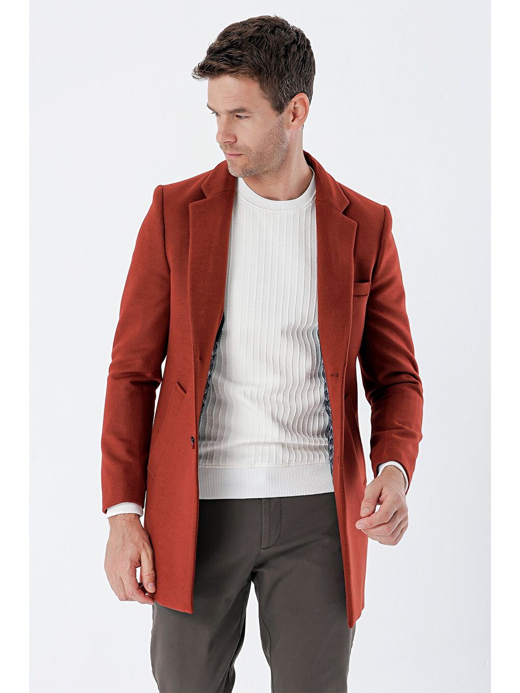 Kahverengi Kiremit Kaşe Mono Yaka Kapitoneli Astar Slim Fit Dar Kesim Klasik Kaban 1008235171