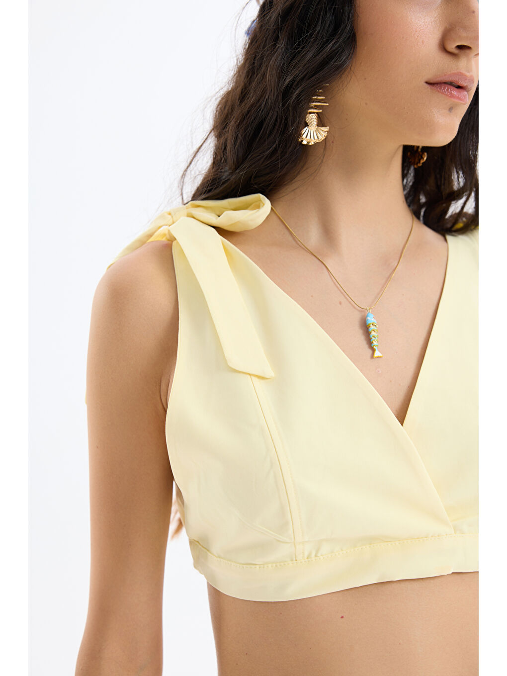 Bağlama Detaylı Kruvaze Büstiyer Bluz Sarı-2