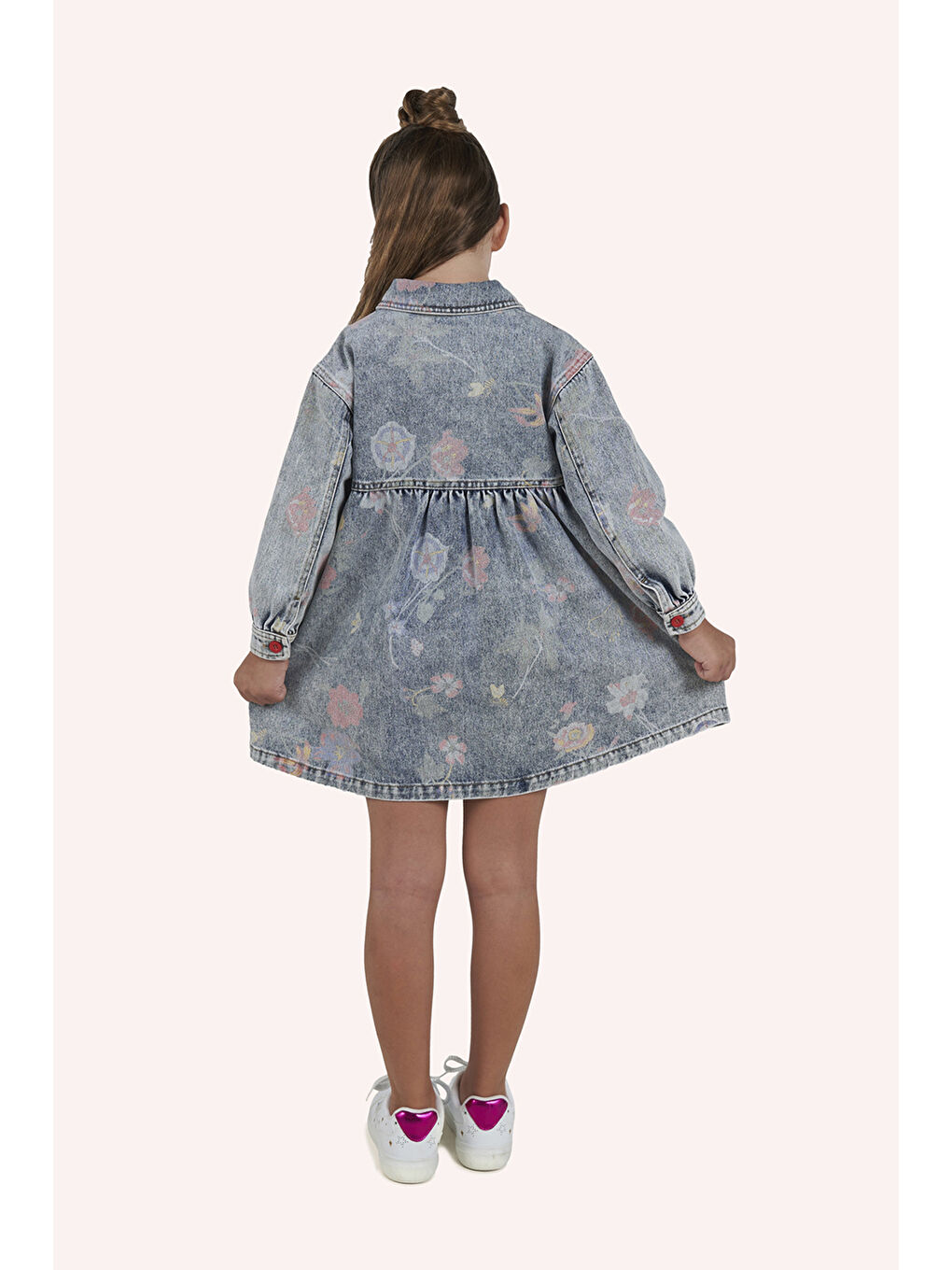 Panço Mavi Kız Çocuk Desenli Denim Elbise - 7