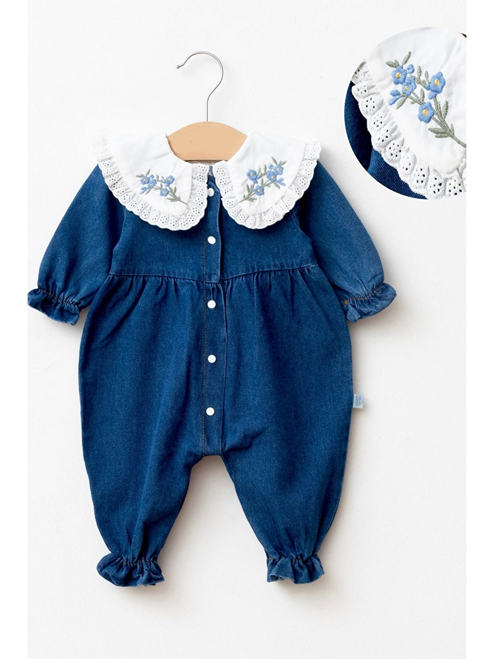 Mavi Minik Çiçek İşlemeli Dantel Yakalı Jean Tulum-1
