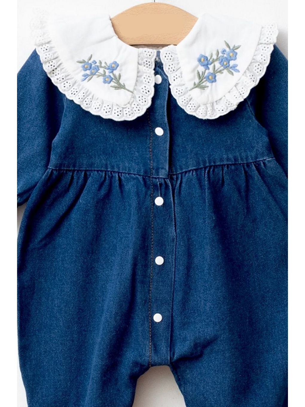 Mavi Minik Çiçek İşlemeli Dantel Yakalı Jean Tulum-2