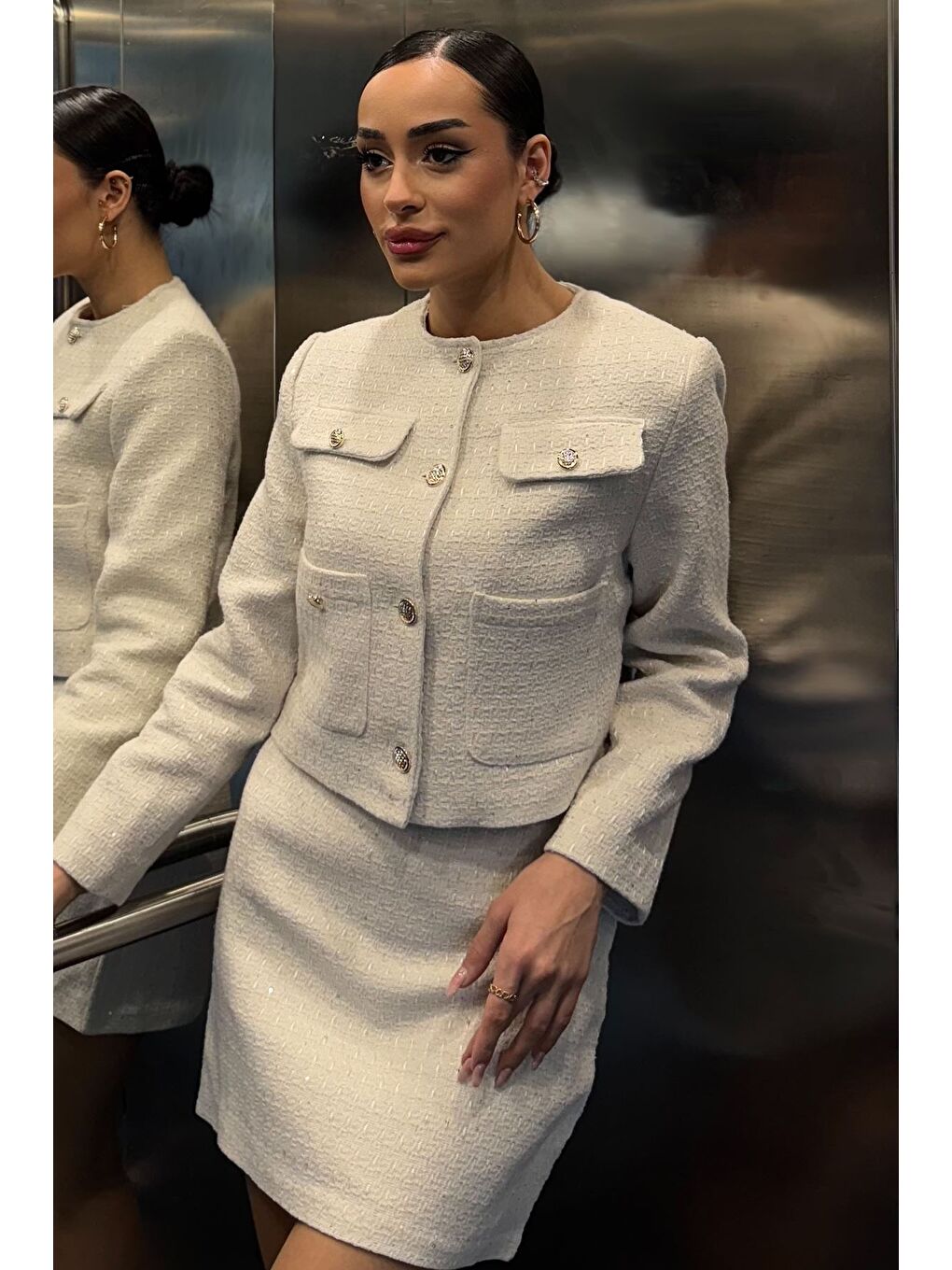 Ekru Kadın Işıltılı Ceket Etek Tüvit İkili Takım